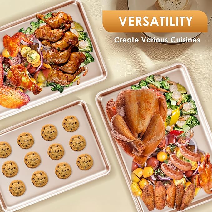 Baking Sheet Pan Set of 3, Commercial Cookie Sheets for Baking, Nonstick Half/Quarter/Jelly Roll Pans Replacement Toaster Oven Tray, Heavy Duty & Easy Clean, Rose Gold - Image 4