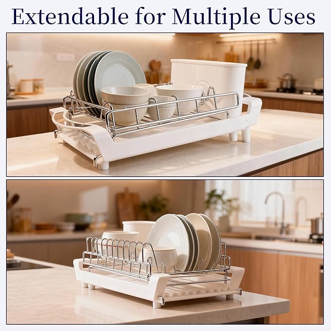 Dish Drying Rack Compact Expandable - A Space-Saving, Stainless Steel, Rust-Resistant Dish Drainer for Kitchen and Apartment Countertops/Sink Cabinets, Extendable from 11.42 to 19.9 inches (White) - Image 3