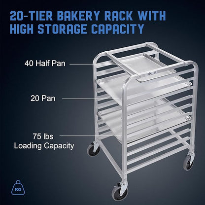 Profeeshaw Bun Pan Bakery Rack 20 Tier with Wheels, Aluminum Racking Trolley Storage for Half or Full Sheets