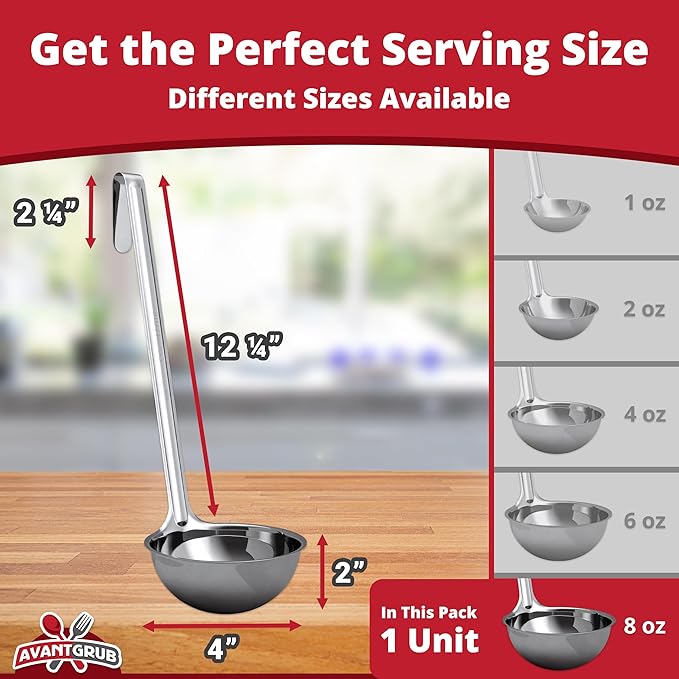 Super Sturdy, Ergonomic 8 Oz. Soup Ladle 1 Pk. Stainless Steel Ladles with Long Handles. Best Kitchen Accessories for Stirring, Portioning and Serving Soups, Chili and Stew in Restaurants and at Home - Image 2