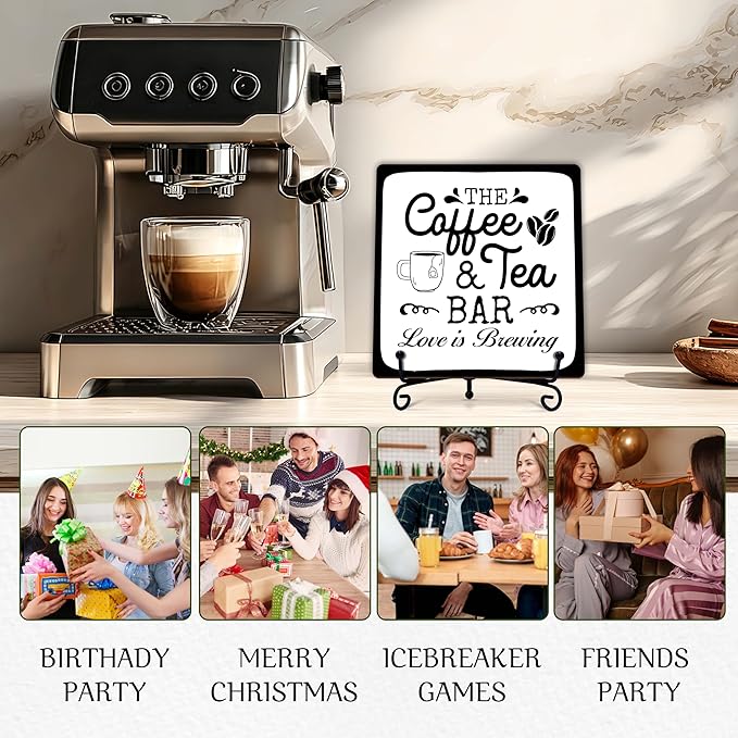 Coffee Bar Sign, Love is Brewing Farmhouse Tabletop Decor, Coffee and Tea Lover Gifts, 5x5 Wood Plaque with Iron Stand for Home Kitchen Cafe, Coffee Bar Decor – L06 - Image 5