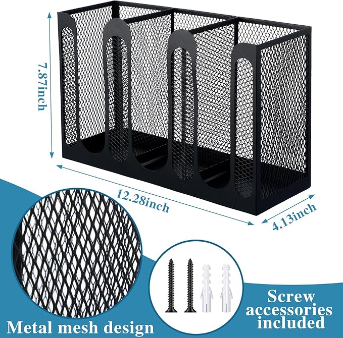 Maxcheck Metal Mesh Cup and Lid Holder Coffee Paper Cup Dispenser Lid Holder Storage Organizer Countertop or Wall Mount for Coffee Bar, Kitchen, Breakroom(3 Compartments,12.3 x 4.1 x 7.87 Inch)