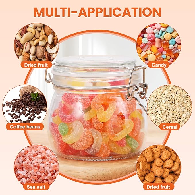 Hovico 17 oz Glass Jars with Airtight Lids And Leak Proof Rubber Gasket, Wide Mouth Mason Jars with Hinged Lids for Kitchen Canning Cereal,Pasta,Sugar,Beans,Spice, Glass Storage Containers, Set of 6 - Image 7