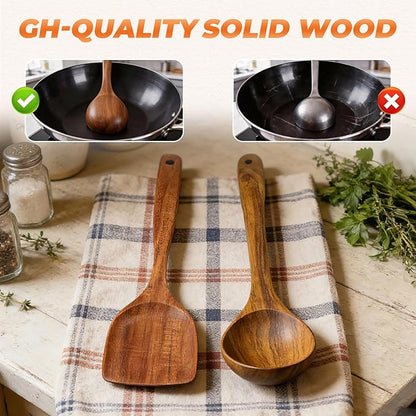 2Pcs Wooden Ladle and Spatula, Natural Acacia Long Handle, Large Capacity, Wooden Soup Spoon and Flat Frying Turner for Cooking, Fry, Stirring, Serving, Non-stick Kitchen Utensils Cookware