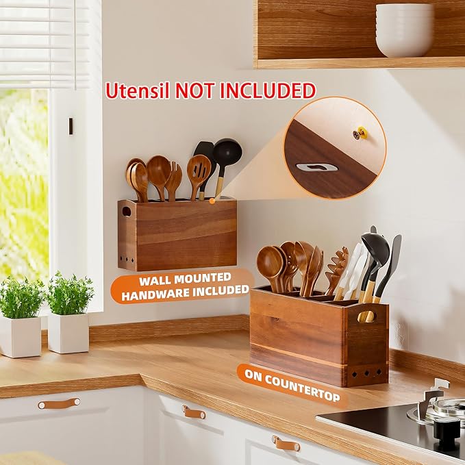 Natural Acacia Wood Utensil Holder for Kitchen Counter (X-Large), 4 Compartment with Removable Dividers 15.7"x7.2"x5.04", Extra Large Cooking Utensil Organizer - Anti-Scratch Bottom - Image 2