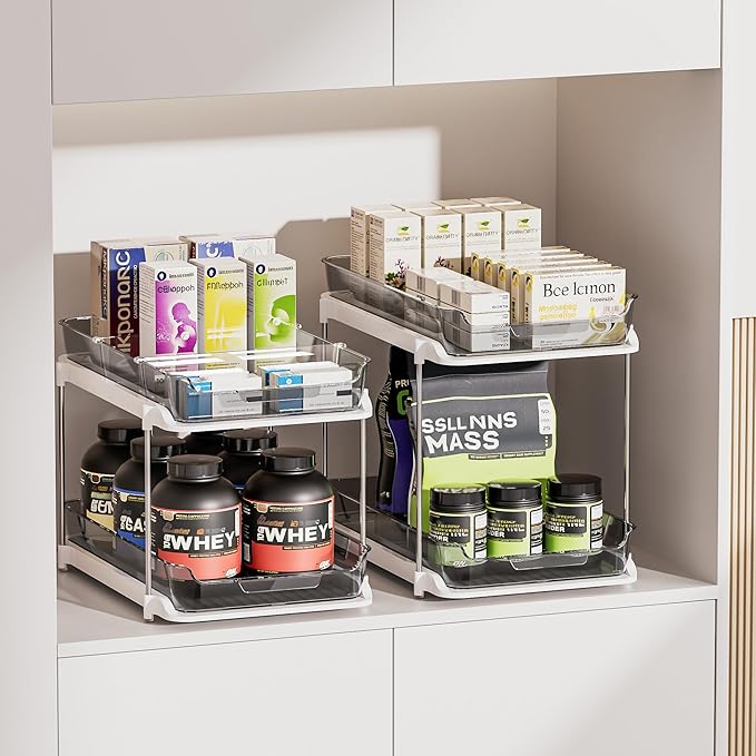 Delamu 2-Tier Multi-Purpose Bathroom Under Sink Organizers and Storage, Stackable Kitchen Pantry Organization, Pull Out Medicine Cabinet Organizer with Movable Dividers, Grey, 4 Pack - Image 7