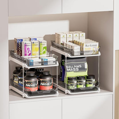 Delamu 2-Tier Multi-Purpose Bathroom Under Sink Organizers and Storage, Stackable Kitchen Pantry Organization, Pull Out Medicine Cabinet Organizer with Movable Dividers, Grey, 2 Pack - Image 4