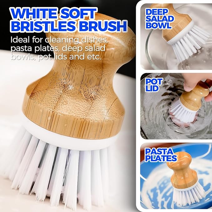 Holikme Bamboo Palm Brush Dish Brushes Vegetable Scrubber Round Natural Scrub Brush Cleaning Kit for Cleaning Saucepans, Pots, Pans and Vegetables, White Yellow Black - Image 3