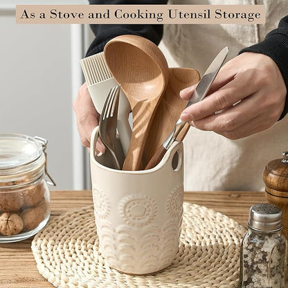 5.75" (H) Utensil Holder for Kitchen Counter, Cute Nordic Minimalist Style Cooking Utensil Holder and Crock Home Kitchen Decor, Ceramic Utensil Organizer for All kinds Spoon, Knife, Fork- Cream White