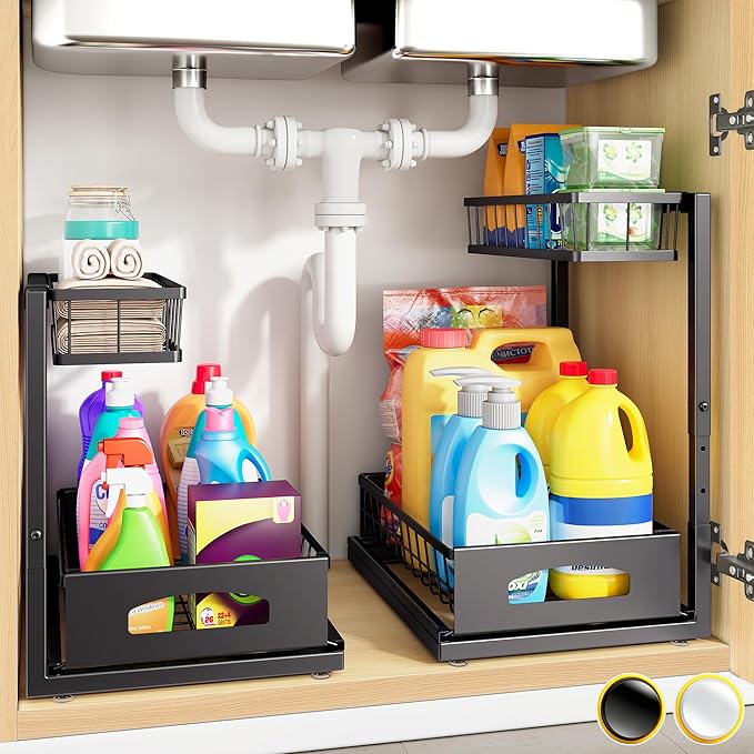 Under Sink Organizer, 2 Pack Cabinet Organizer for Kitchen, Height Adjustable Pull Out Heavy Duty 2 Tier Metal Under Sink Storage for Bathroom Pantry (Black, 2 Pack) - Image 9