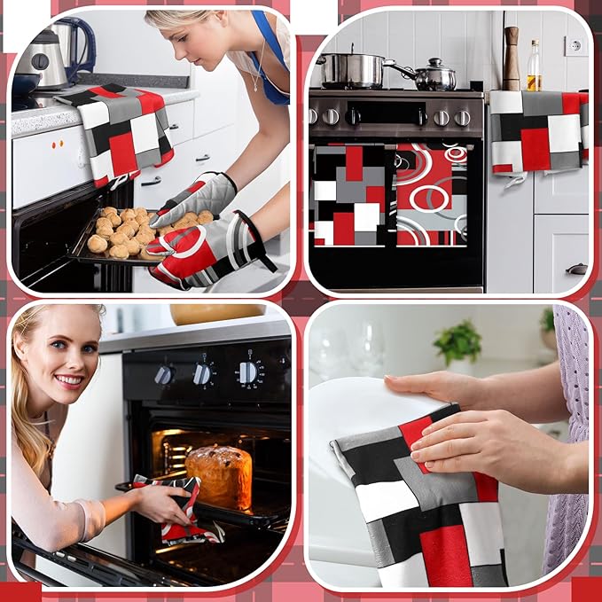 Jingmore 6 Pcs Kitchen Decor Set Accessorie Farmhouse Kitchen Towels Pot Holders Oven Mitts Set 2 Dish Towels 2 Pot Holders 2 Cooking Mittens Oven Glove for Cooking(Red and Black,Geometric) - Image 5
