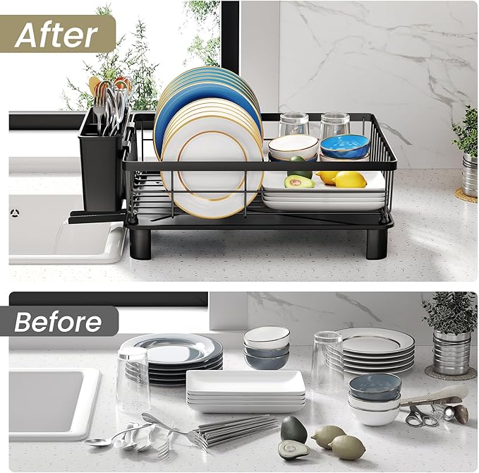 SNTD Dish Drying Rack - Space-Saving Dish Rack for Kitchen Counter, Stainless Steel Dish Drainer with Utensil Holder and Drainboard, 11" W x 15" L (Black) - Image 6