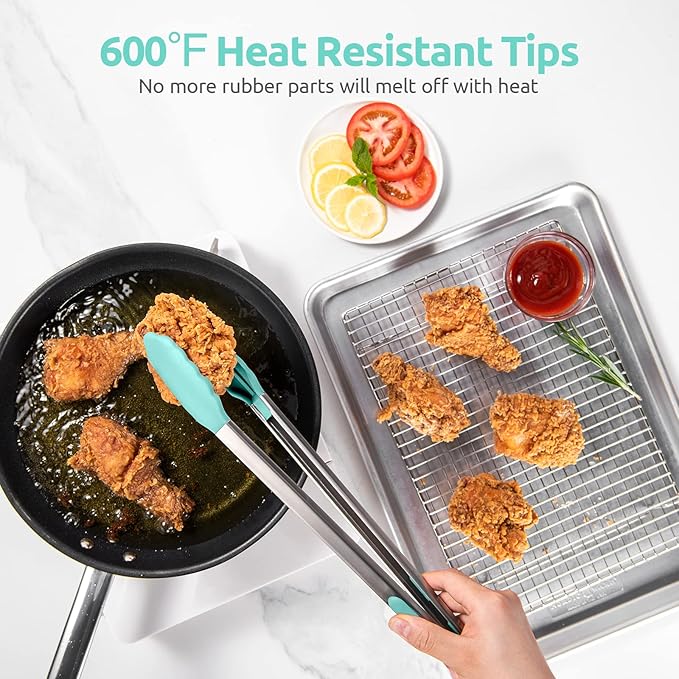 600ºF Heat Resistant Kitchen Tongs: U-Taste 16 in Extra Long Large Silicone Cooking Tong with Sturdy Non Stick Rubber Tips & Non Slip Silicon Coated 18/8 Stainless Steel Handle for Grill BBQ(Aqua Sky) - Image 3
