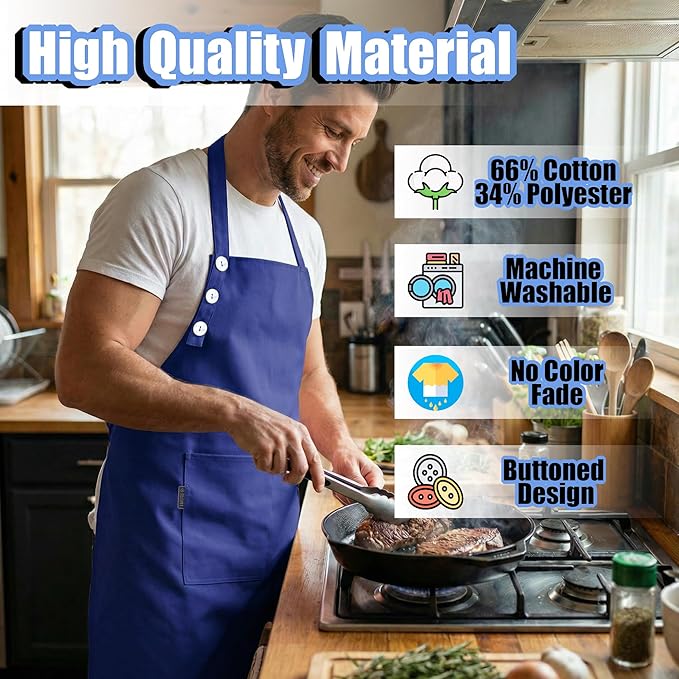 TOSHE Kitchen Apron Waterdrop Resistant Cotton Apron with adjustable Aprons for Women with Pockets 10 Color option Cooking Blue Apron (Navy Blue) - Image 3