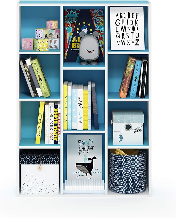 Furinno LUDER Book Shelf, 11-Cube Bookshelf, Reversible Bookcase, 9.4 x 29.1 x 41.7, Easy Assembly, for Living Room, Bedroom, Home Office, White/Light Blue - Image 5
