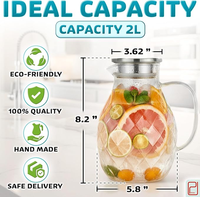 Premium Borosilicate Glass Pitcher with Lid and Spout - 2 Liter / 68 oz, Borosilicate Glass with Handle - Carafe for Hot/Cold Beverages - Water Jug - Iced Tea Pitcher - Juice Server