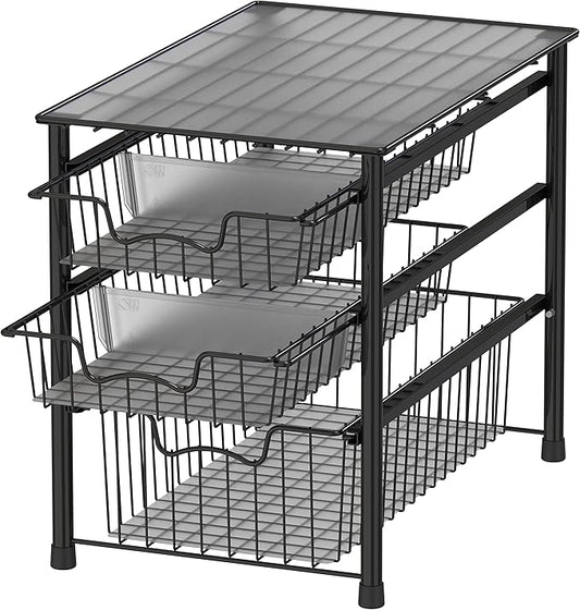 Simple Houseware Stackable 3 Tier Sliding Basket Organizer Drawer, Black