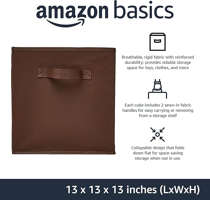 Amazon Basics Collapsible Fabric Storage Bins with Handles, Cube Organizer for Home Organization, 13" x 13" x 13", Brown, 6-Pack - Image 2