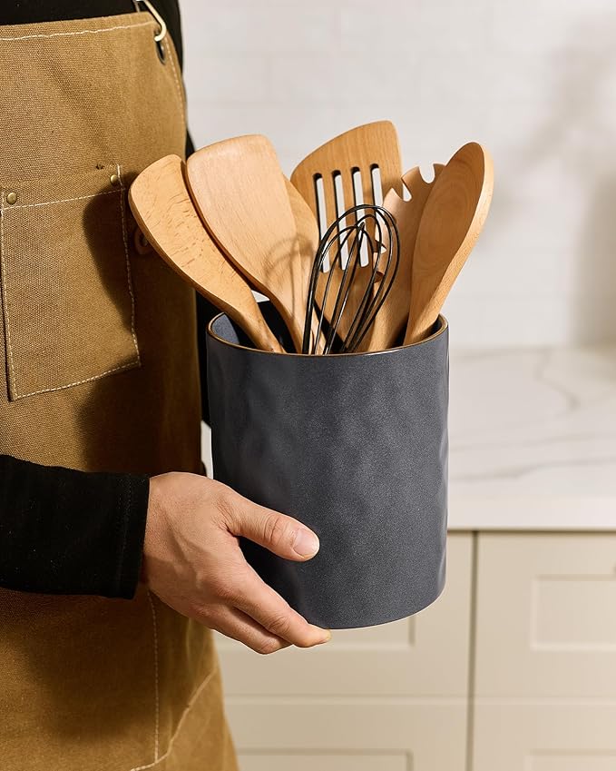 famiware Ocean Utensil Holder, 7.2"+5.8" Ceramic Kitchen Utensil Holder for Countertop, 2 Pieces Cooking Utensil Crocks, Utensil Organizer for Spatula & Spoon, Kitchen, Set of 2, Matte Dark Charcoal - Image 3