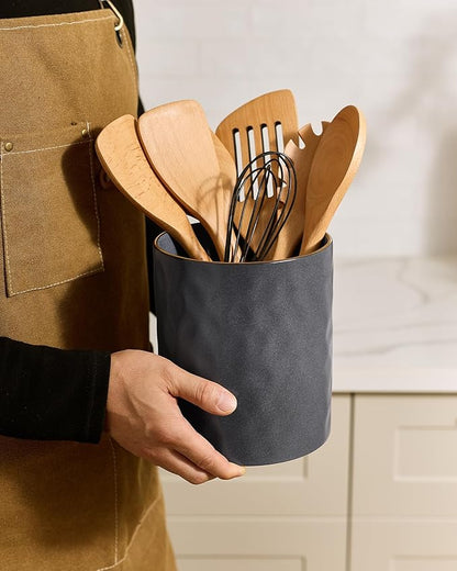 famiware Ocean Utensil Holder, 7.2"+5.8" Ceramic Kitchen Utensil Holder for Countertop, 2 Pieces Cooking Utensil Crocks, Utensil Organizer for Spatula & Spoon, Kitchen, Set of 2, Matte Dark Charcoal - Image 3