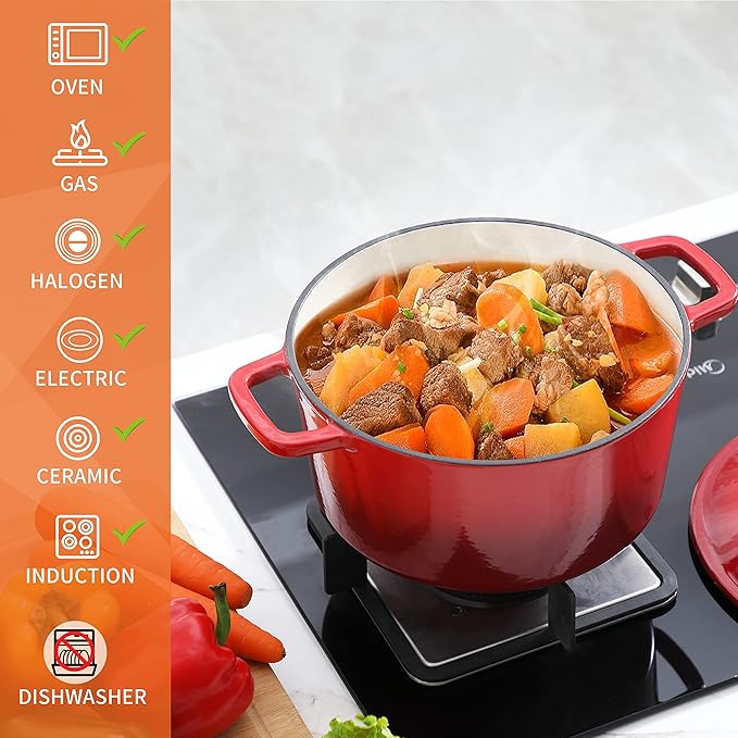 Velaze 6 QT Enameled Cast Iron Dutch Oven, Dual Handles Pot with Lid, Heavy-Duty Non-stick Round Oven for Bread Baking, Stewing, Roasting, Good Sealing for All Heat Source (Red) - Image 2