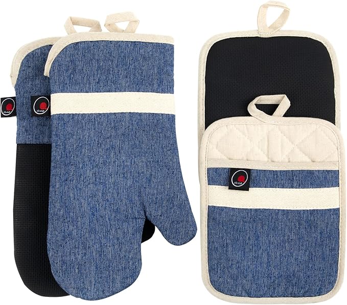 Oven Mitts and PotHolders Sets, 4 Pcs Kitchen Oven Glove High Heat Resistant 400°F Pot Holders for Kitchen, Non-Slip Neoprene Oven Mitts are Suitable for Cooking, Baking (Blue) by Firstall