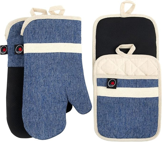 Oven Mitts and PotHolders Sets, 4 Pcs Kitchen Oven Glove High Heat Resistant 400°F Pot Holders for Kitchen, Non-Slip Neoprene Oven Mitts are Suitable for Cooking, Baking (Blue) by Firstall