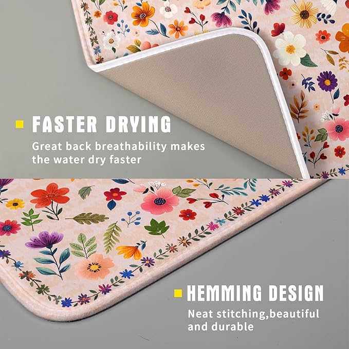 Boho Floral Dish Drying Mat - Pink Wildflower Absorbent Microfiber Kitchen Counter Pad for Home Coffee Bar Decor - Image 3