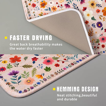 Boho Floral Dish Drying Mat - Pink Wildflower Absorbent Microfiber Kitchen Counter Pad for Home Coffee Bar Decor - Image 3