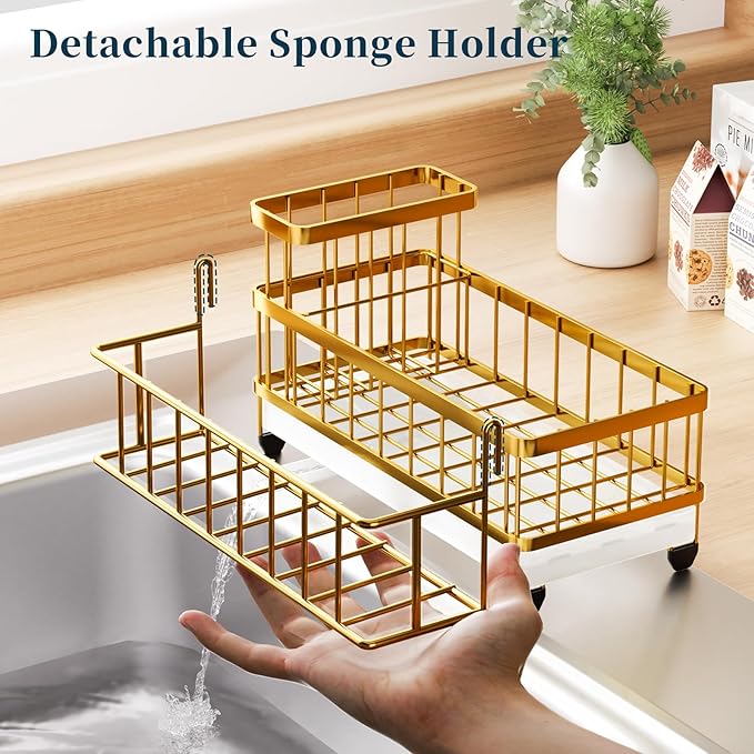 Consumest Sponge Holder for Kitchen Sink - Auto Draining Sink Caddy Organizer with Detachable Rack, High Brush Holder, Kitchen Countertop Storage Accessories, Gold - Image 4