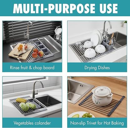 Havenity™ Expandable Roll Up Dish Drying Rack for Small Sinks - Expandable 12.8 to 22.8 Inch Over Sink Rack, Fits Apartments, RVs and Office Kitchens, Stainless Steel, 2 Baskets