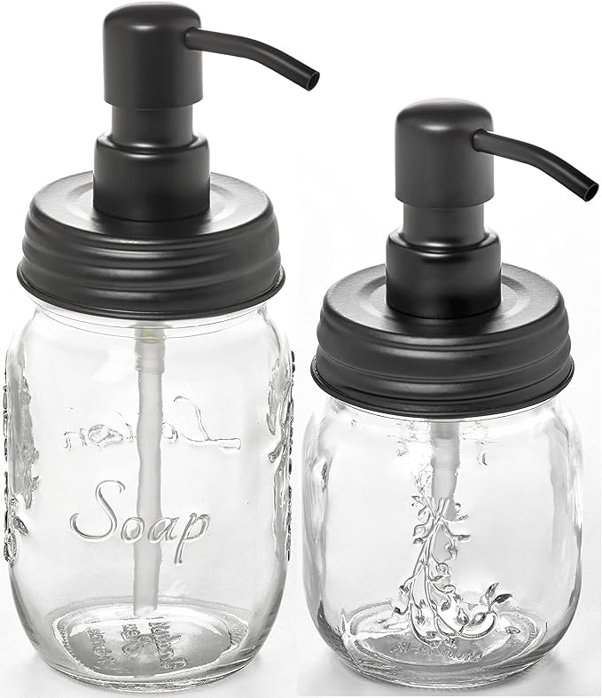 Mason Jar Soap and/or Lotion Dispenser with Gloss Black Pump Dispenser and Non Slip Coaster for Hand Sanitizer, Liquid Soap or Hand/Body Lotion (Gloss Black, 12oz &16oz)