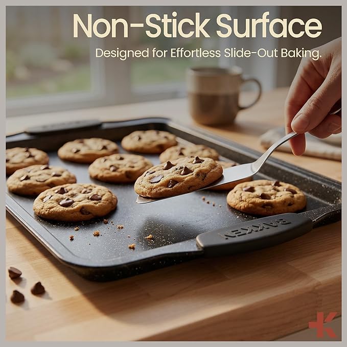 BAKKEN Cookie Sheets for Baking Nonstick Set - 3-Piece Stackable Carbon Steel Baking Sheet Pans Set with Silicone Handles, Non Toxic Cookie Sheets for Baking Bakeware Set - Gray Marble - Image 5