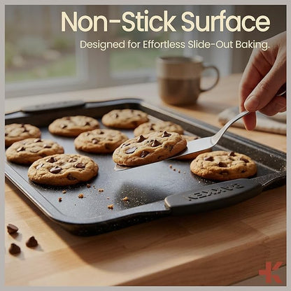 BAKKEN Cookie Sheets for Baking Nonstick Set - 3-Piece Stackable Carbon Steel Baking Sheet Pans Set with Silicone Handles, Non Toxic Cookie Sheets for Baking Bakeware Set - Gray Marble - Image 5
