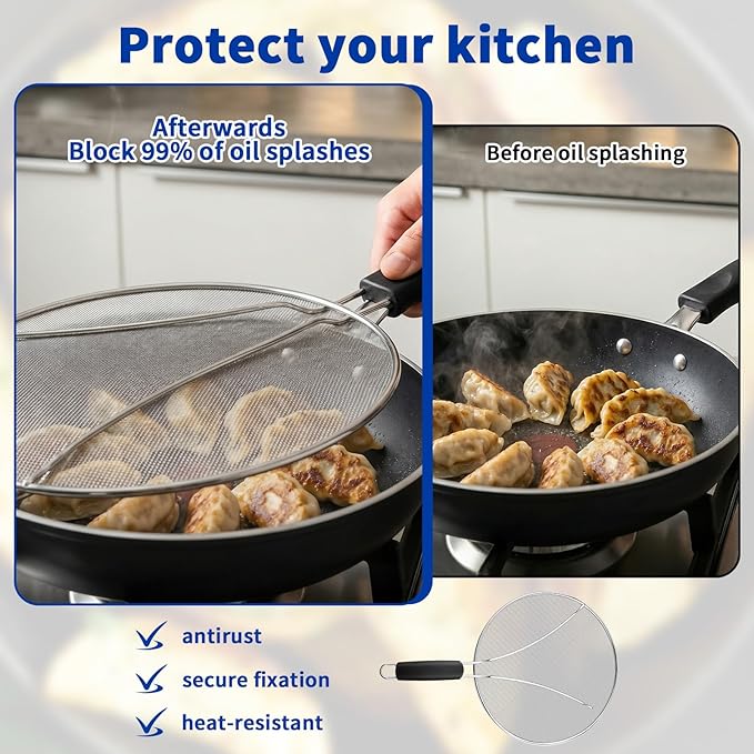 Splatter Screen for Frying Pan - 10’’ Stainless Steel Grease Splatter Guard with Grip Handle- Ultra Fine Mesh Cover Oil Splash when Sizzling Bacon, Cooking Fried Chicken or Popcorn - Image 5