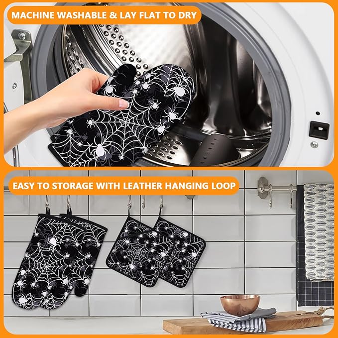 Spider Web Oven Mitts and Pot Holders Sets 4Pcs,Extra Long Oven Gloves Potholder for Kitchen Cooking Baking BBQ 100% Cotton Heat Resistant - Image 5