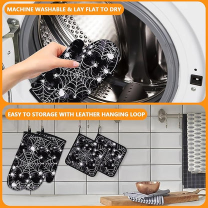 Spider Web Oven Mitts and Pot Holders Sets 4Pcs,Extra Long Oven Gloves Potholder for Kitchen Cooking Baking BBQ 100% Cotton Heat Resistant - Image 5