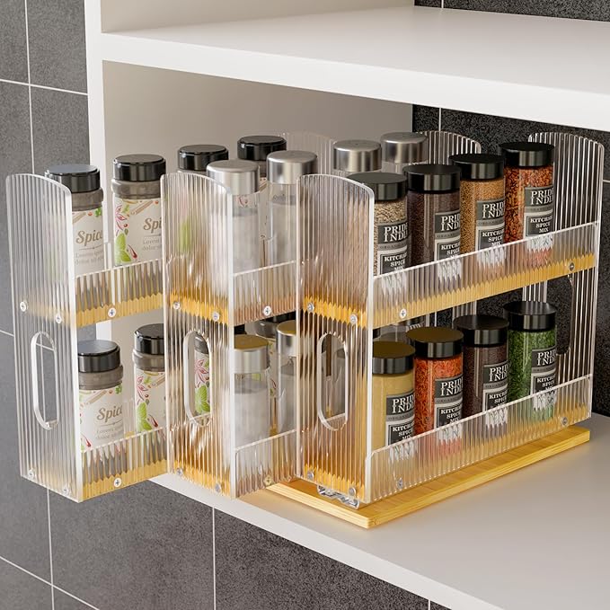 NiHome Bamboo Pull-Out Spice Rack Organizer for Cabinet, 3-Drawer Vertical Slide Out Seasoning Rack Storage Shelf for Kitchen Pantry, Bamboo Frame with Wave-Pattern Acrylic Divider (8.5” Wide, 2-Tier) by NiHome