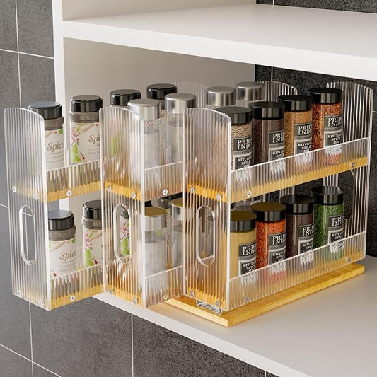 NiHome Bamboo Pull-Out Spice Rack Organizer for Cabinet, 3-Drawer Vertical Slide Out Seasoning Rack Storage Shelf for Kitchen Pantry, Bamboo Frame with Wave-Pattern Acrylic Divider (8.5” Wide, 2-Tier) by NiHome