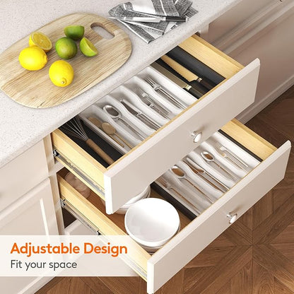Lifewit Silverware Drawer Organizer, Expandable Utensil Tray for Kitchen, BPA Free Flatware and Cutlery Holder, Adjustable Plastic Storage for Spoons Forks Knives, 13-22 x 15", White&Black - Image 8