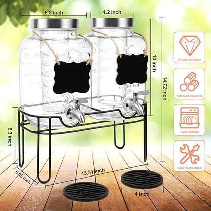 Drink Dispenser,2PACK Glass Drink Dispensers for Parties,1 Gallon Beverage Dispenser with Stand, Stainless Steel Spigot Leak proof,Come with Ice Cylinder,Fruit Tube and 2 Rubber Mats - Image 2