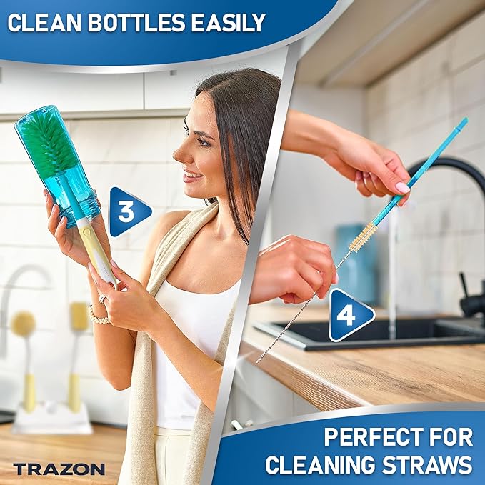 Dish Brush Set of 5 with Holder - Kitchen Scrub Brushes with Non-Slip Long Handle for Cleaning, Scrubber, Dishwashing, Dishes, Bottles, Straws, Cups, Pots & Sink, Baige - Image 4