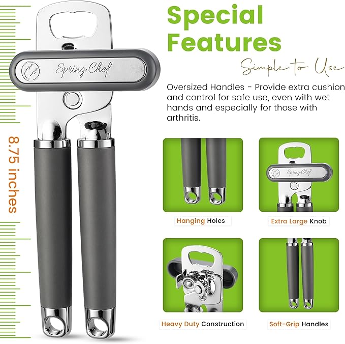 Spring Chef Stainless Steel Can Opener - Manual with Soft Grip Handles, Easy Turn, Heavy Duty Hand Can Openers for Seniors with Smooth Edge - Magnetic Lid Remover - Gray - Image 3