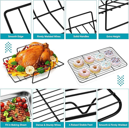 TeamFar Roasting Pan, 16’’ Nonstick Deep Lasagna Brownie Turkey Pan with V-Shaped Rack & Cooling Rack, with Stainless Steel Core & Nonstick Coating, Healthy & Sturdy Handles, Easy to Clean, Set of 3