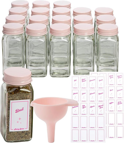 Paris Hilton Glass Spice Jar Storage Set, 4-Ounce Empty Spice Jars with Labels, Shaker Caps and Metal Lids, Collapsible Funnel Included, 20-Piece, Pink by TheWorldofParisHilton