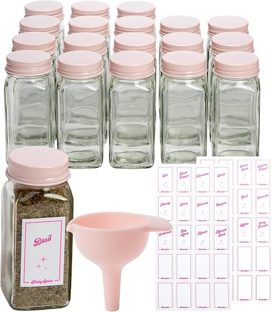 Paris Hilton Glass Spice Jar Storage Set, 4-Ounce Empty Spice Jars with Labels, Shaker Caps and Metal Lids, Collapsible Funnel Included, 20-Piece, Pink by TheWorldofParisHilton
