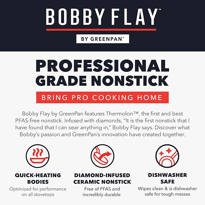 GreenPan x Bobby Flay 13 Piece Nonstick Cookware Pots and Pans Set, PFAS-Free Diamond Ceramic, Induction Suitable, Easy Clean Dishwasher & Oven Safe, Stay-Cool Silicone Handles, Glass Lids, Navy Blue - Image 11