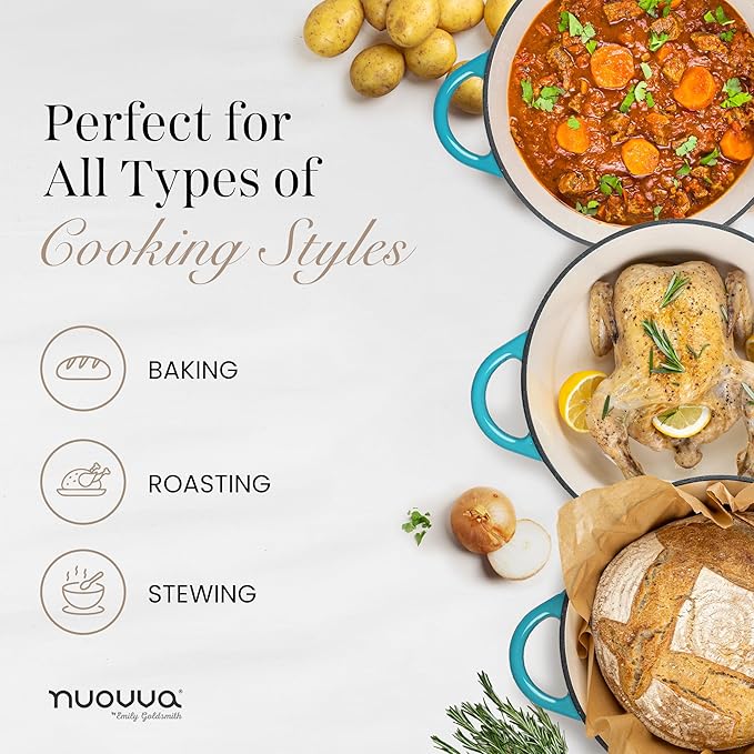 Nuovva Enamelled Cast Iron Dutch Oven Pot with Lid 6.4 Quart Non Stick Casserole Pot – Heavy Duty & Oven Safe up to 500° F for Bread Baking, Braising, Stews, Roasting – 28cm Light Blue - Image 8