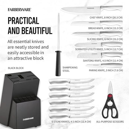Farberware 15-Piece Kitchen Knife Set, High-Carbon Stainless Steel Blades with Wood Block, Steak Knives, Sharpening Tool & All-Purpose Shears, Razor Sharp, Ergonomic Stainless Steel Handles - Image 4
