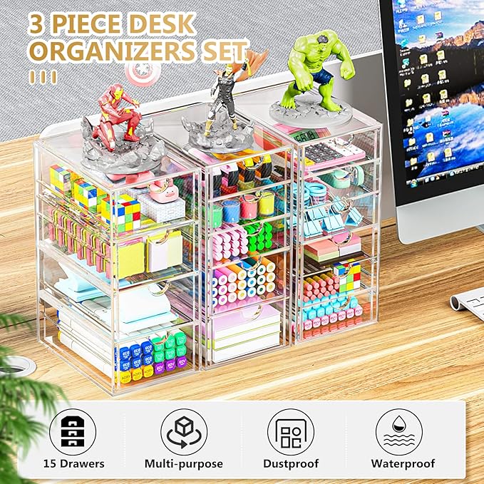 Acrylic 3 Pack Desk Organizers and Accessories, Makeup Organizer Storage With 15 Drawers, Desk Organizers, Dustproof Drawer Organizer and Storage for Make Up, Jewelry, DIY Pen - Image 5